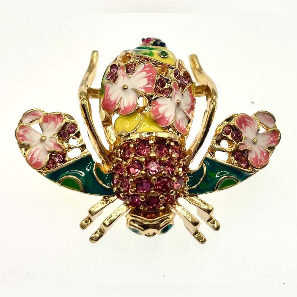 Vintage Joan Rivers Pink Orchid Bee Brooch Enamel Rhinestone Signed Statement